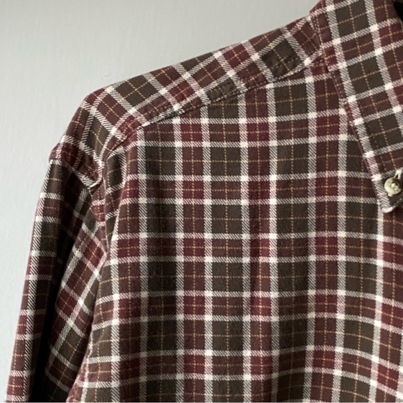 LL Bean cotton Shirt Size Medium Long ML brown plaid burgundy red Button Down - Picture 6 of 16